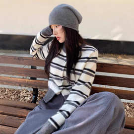 秋季条纹短款开衫女山羊绒欧货高端收腰厚款针织毛衣外套一件代发