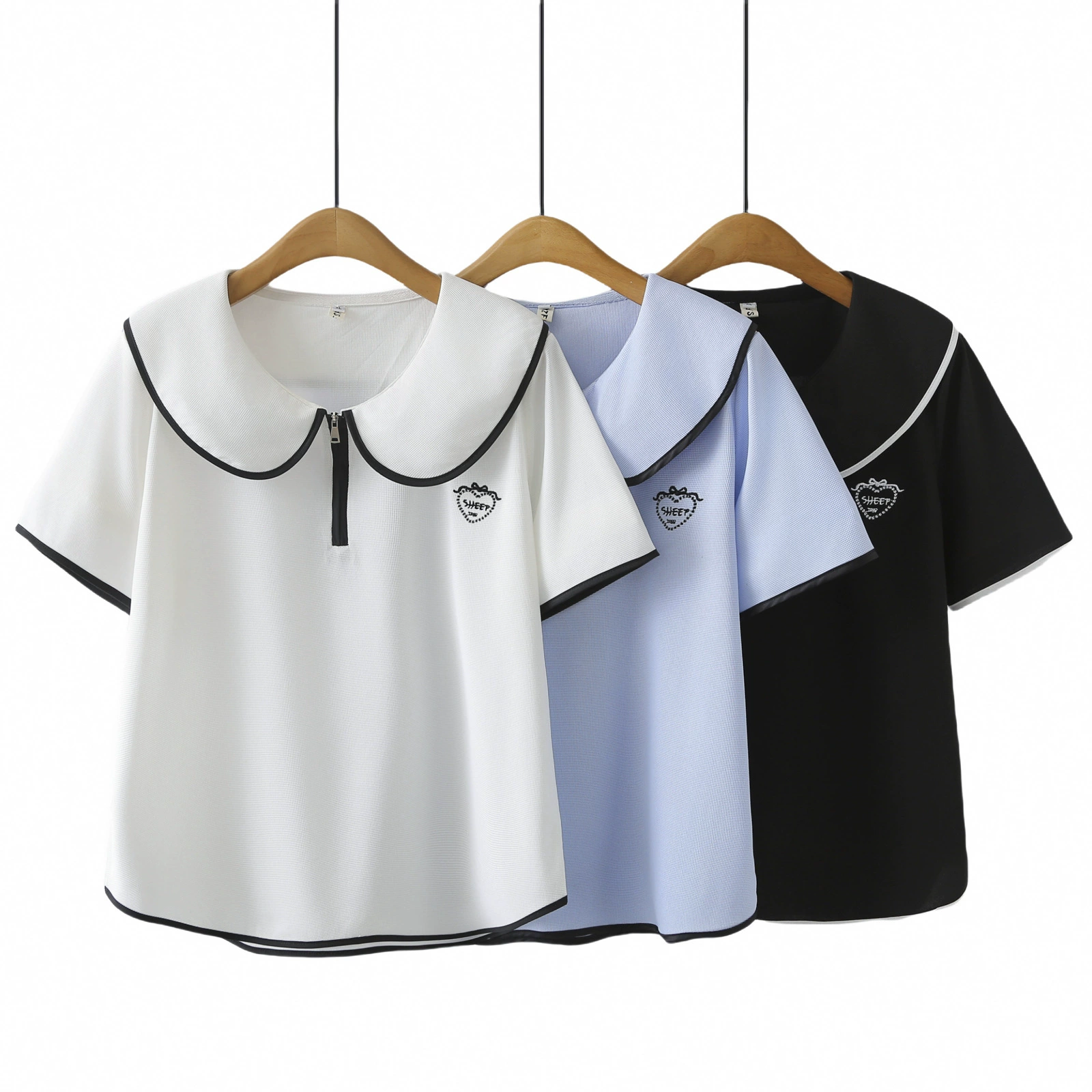 2025 новый топ с воротником-кукольным воротником большого размера для полных девушек с дизайном и элегантной вышитой футболкой с короткими рукавами и подолом 317