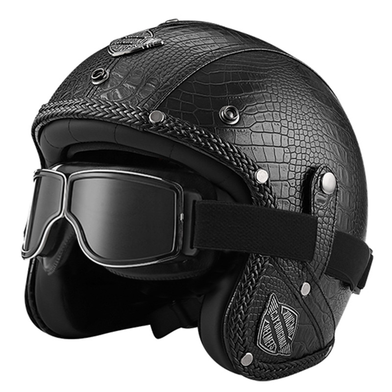 555 가죽 헬멧-검은 악어 패턴 + 사각형 복고풍 거울