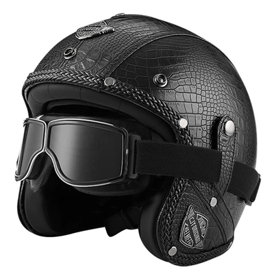 3C/Dot Certified Electric Motorcycle Retro — Motorcycle Safety Supplies - 555-leather-helmet-black-crocodile-pattern-square-retro-mirror-s