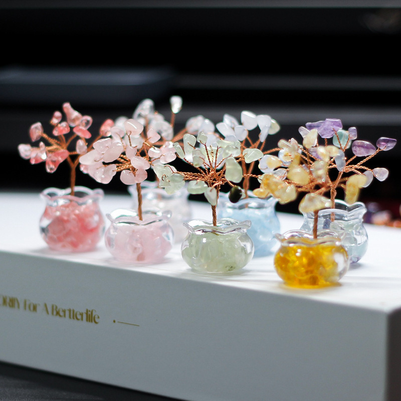 Crystal Gravel Money Tree Natural Yellow Purple Pink Crystal Car-Mounted Mini Crystal Tree Hand-Woven Home Decoration Small Ornament