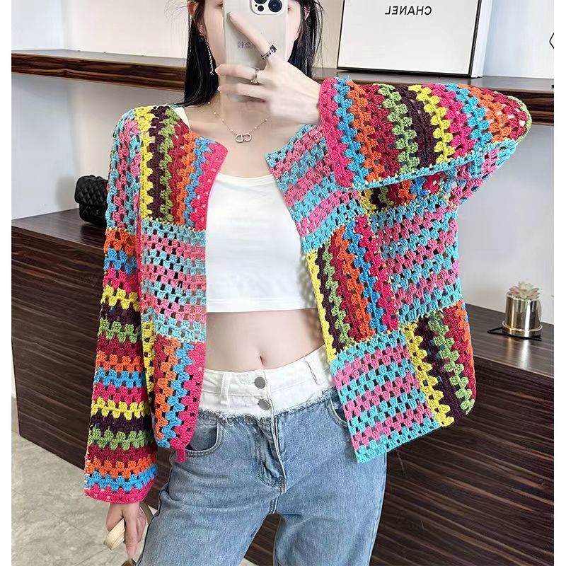 Colorful Crochet Knitted Hollow Cardigan Sweater Jacket Spring New Loose Short Top