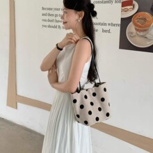 头层牛皮拼接亚麻波点水桶包hobo腋下包手提托特包单肩包女2026夏