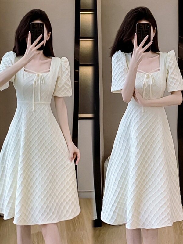 French-style square-neck white dress with straight shoulders, new summer model, plus-size, waist-cinching, tummy-concealing, high-end, light-luxury long dress French-style square-neck white dress with straight shoulders, new summer model, plus-size, waist-cinching, tummy-concealing, high-end, light-luxury long dress