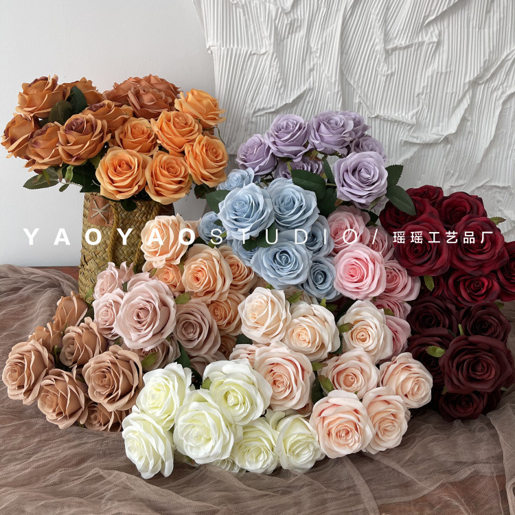 Artificial 9-Head Rose Bouquet Wedding Aisle Flower Table Decoration Fake Flowers Autumn Wedding Floral Arrangement Export Artificial 9-Head Rose Bouquet Wedding Aisle Flower Table Decoration Fake Flowers Autumn Wedding Floral Arrangement Export