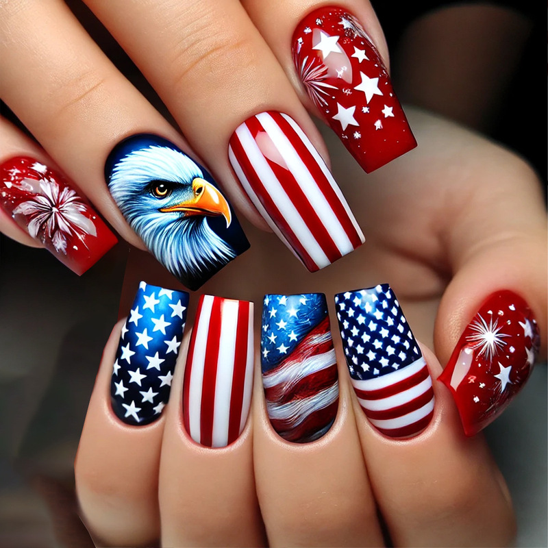 Independence Day Chinese American Flag Bald Eagle Fireworks Striped Design False Nails Fashion Nail Art Nail Pieces Wear Armor
