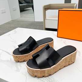 早春手工鞋2024年新款百搭厚底罗马一字拖鞋增高防水台松糕鞋女潮