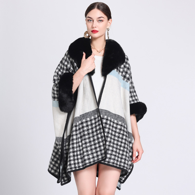 Woolen collar plaid cape cape loose jacquard knitted cardigan large size woolen coat for women_voghion.com