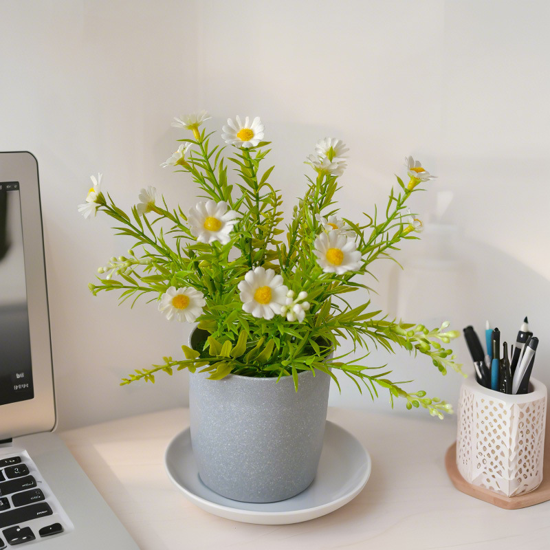 Simulación de flores en maceta pequeña margarita bonsai pequeño fresco pequeño conjunto de plantas en maceta falsas plantas de imitación al por mayor image 1