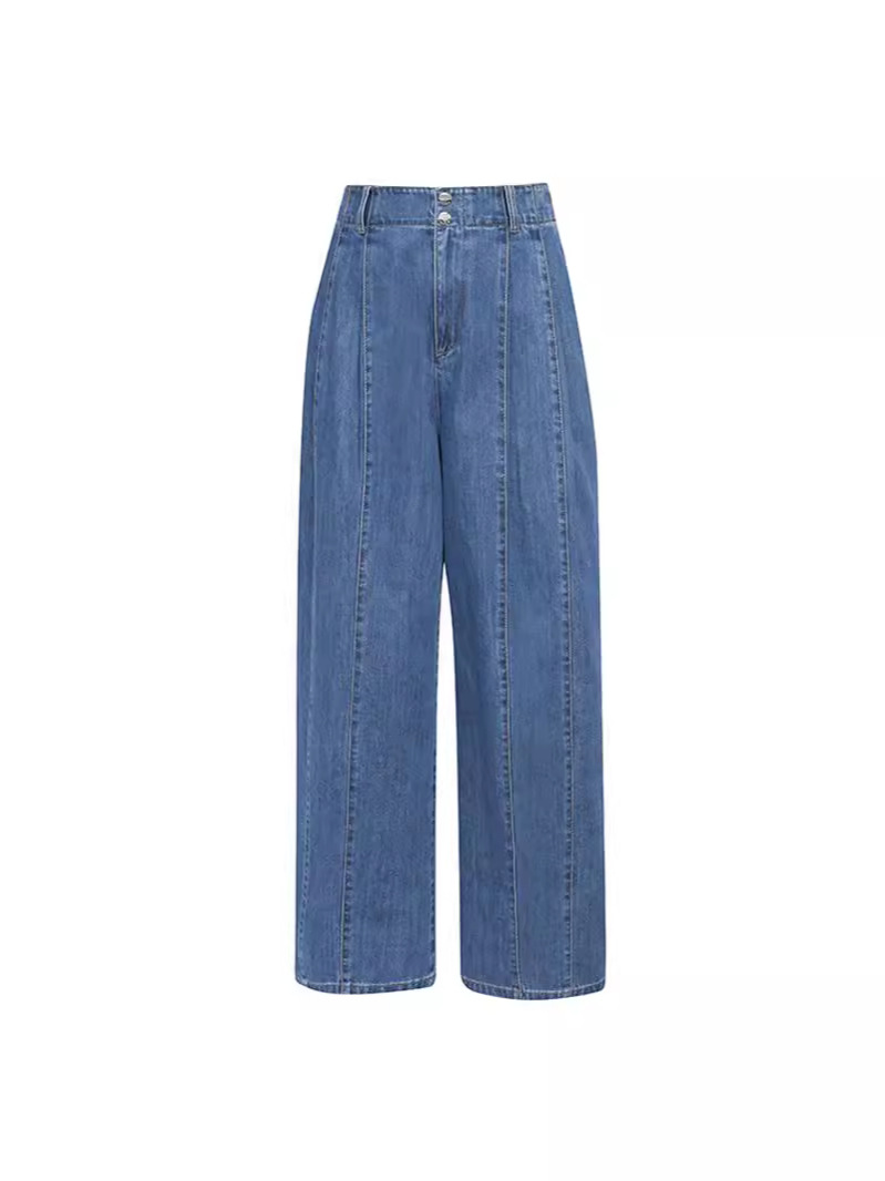 Quần jean nữ ống rộng cạp cao dáng chuối xếp ly denim dễ phối — Màu xanh lam