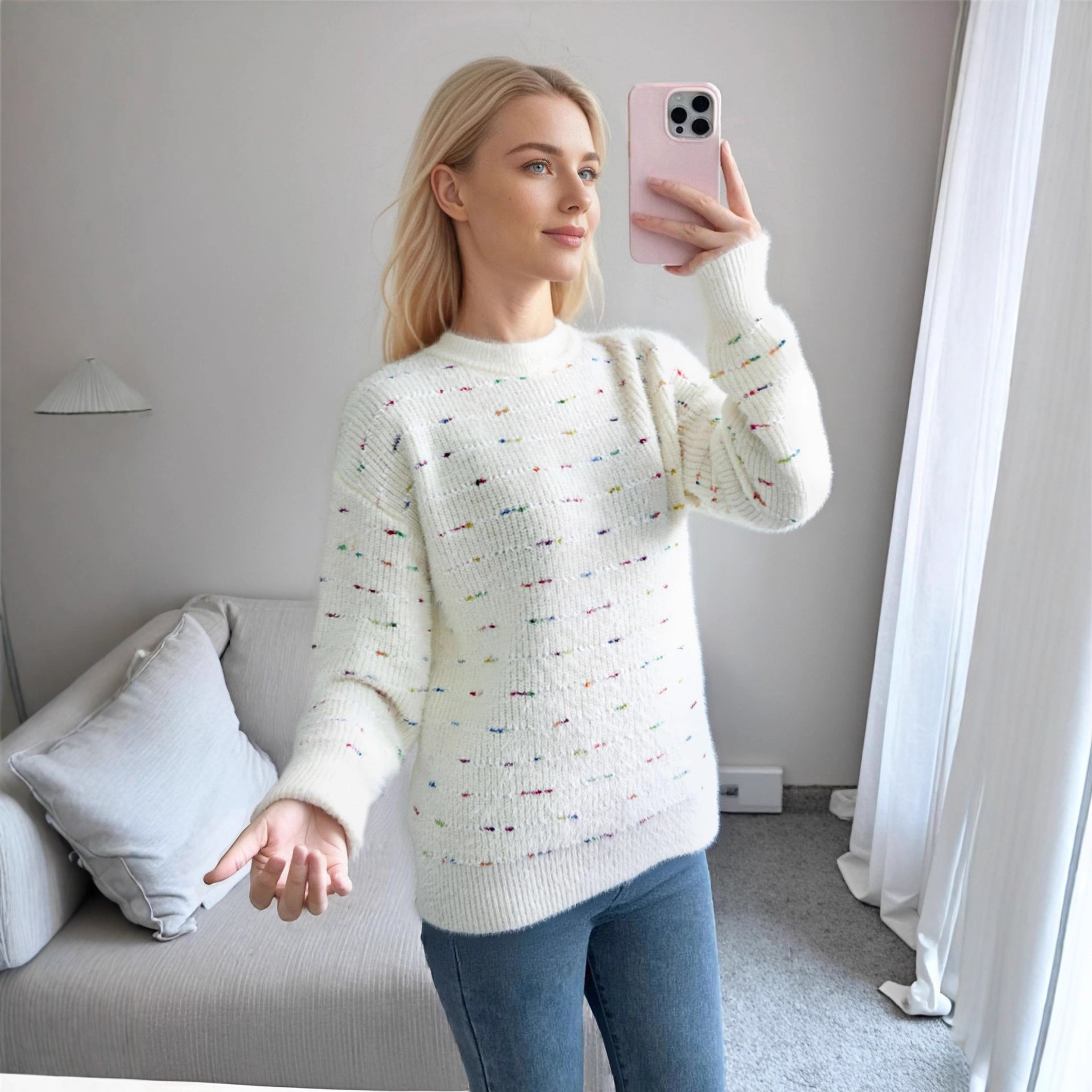 跨境欧美2025秋冬新款时尚百搭圆领彩色波点针织衫休闲宽松女毛衣