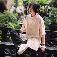 衬衫新中式中山装男女同款麻棉中国风复古中袖衬衣盘扣宽松上衣服