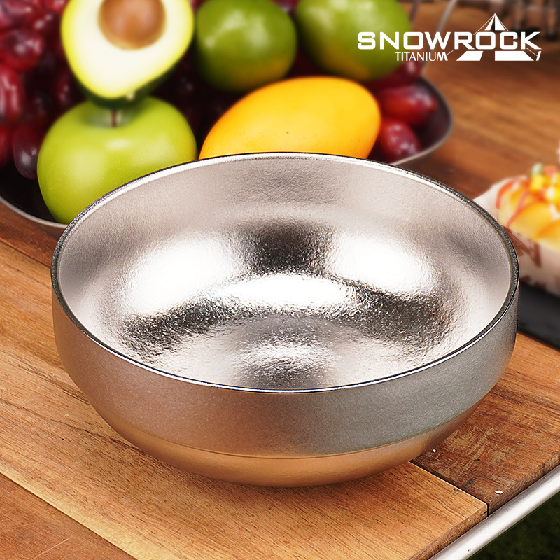Snow Rock Pure Titanium Ice Flower Cold Noodle Bowl, Thickened Double-Layer Household Rice Bowl, Anti-Scalding, Heat-Insulating Salad Bowl, Large Capacity