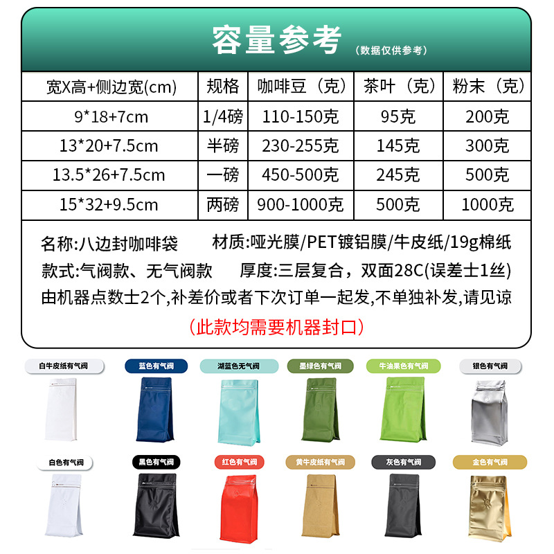 Inventario vertical de ocho lados sellado bolsa de café válvula de escape bolsa de granos de café 1 / 4 libras de papel de aluminio de color bolsa de embalaje autosuficiente