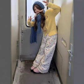 秋冬款彩色波点拼接羊羔毛棉裤冬季宽松夹棉防寒长裤