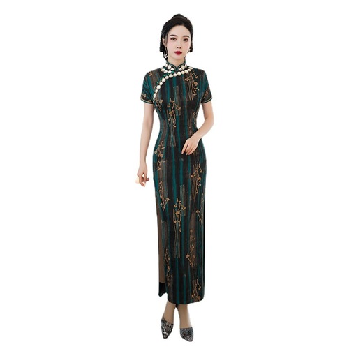 Pearl Satin long short sleeve Qipao women Chinese Dress banquet Qipao skirt