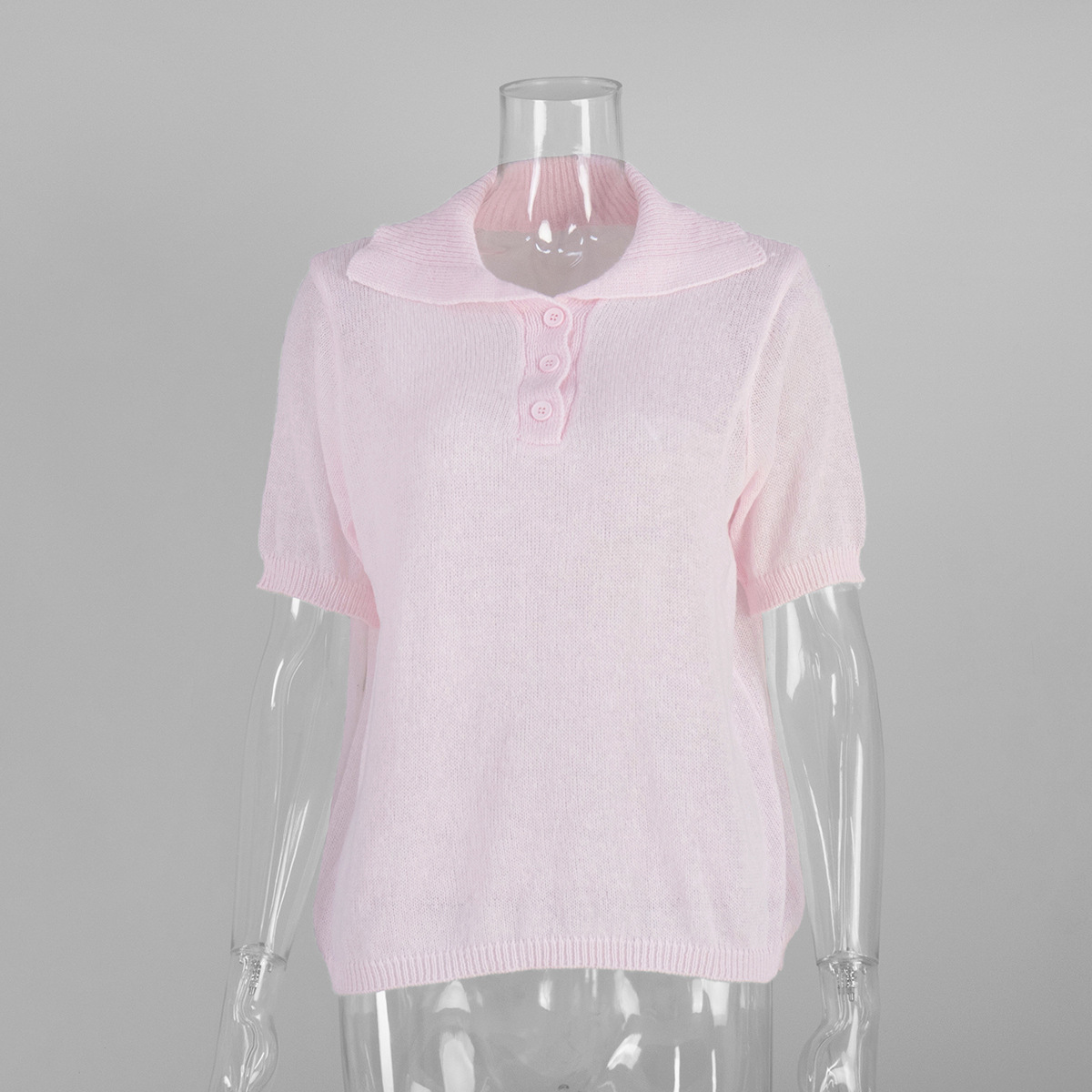 Suéter de manga corta de punto hueco Polo transfronterizo 2025 primavera y verano nueva camiseta de manga abullonada suéter de punto simple mujer