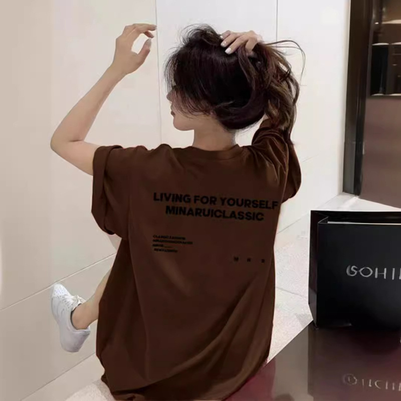 Fat mm American Retro Brown Large Size Short-sleeved T-shirt Women's Large Version Loose oversize High Street Couple Top