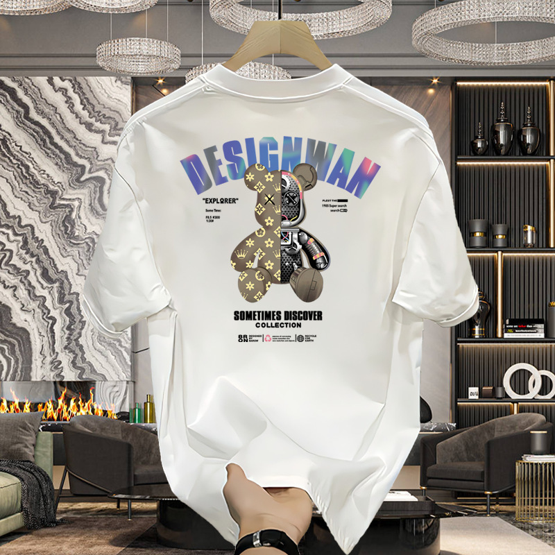 2024 Summer Pure Cotton Trendy Teddy Bear Printed Short T-shirt Men's Casual Loose All-match Trendy Couple's Half-sleeve Top