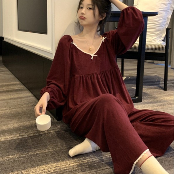 Korean Ins Women's Spring & Fall New Korean Style Simple Terry Cloth Pajamas Set Christmas Lace Pajamas Home Clothes