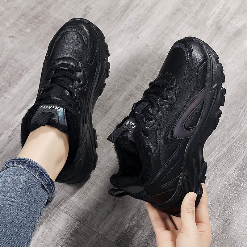 Zapatos de mujer de marca de otoño e invierno zapatos deportivos casuales impermeables de cuero negro zapatos de papá de suela suave de todo fósforo zapatos de viaje antideslizantes