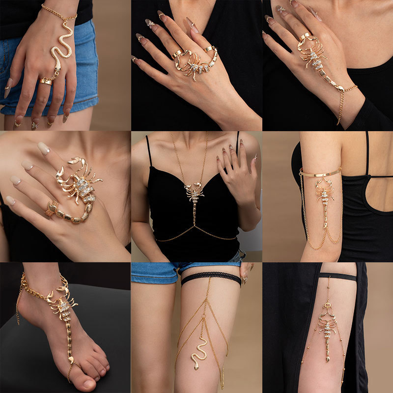 European and American Cross-Border Sweet Cool Spicy Girl Exaggerated Rhinestone Scorpion Three-Dimensional Finger Bracelet Snake-Shaped Arm Ring Leg Chain Body Chain Trendy