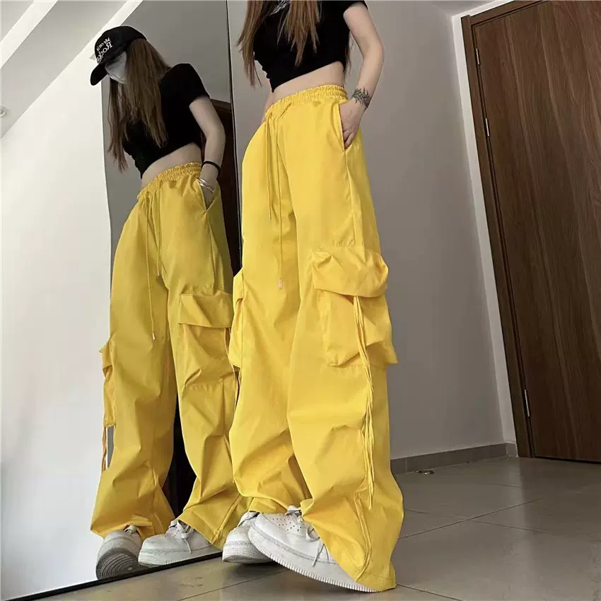 美式复古速干高腰工装裤女立体口袋直筒阔腿飘带宽松休闲拖地长裤