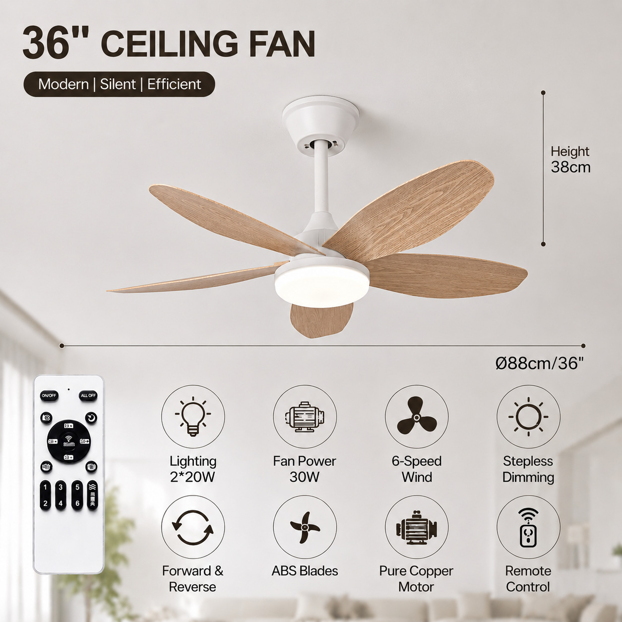 Ventilador de Techo con Luz de ABS y PC, con Control Remoto, Motor DC, para Sala de Estar y Comedor