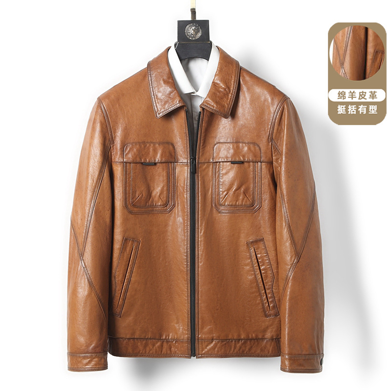 2024秋冬新款海宁真皮皮衣男士翻领山羊皮夹克修身短款机车服潮流