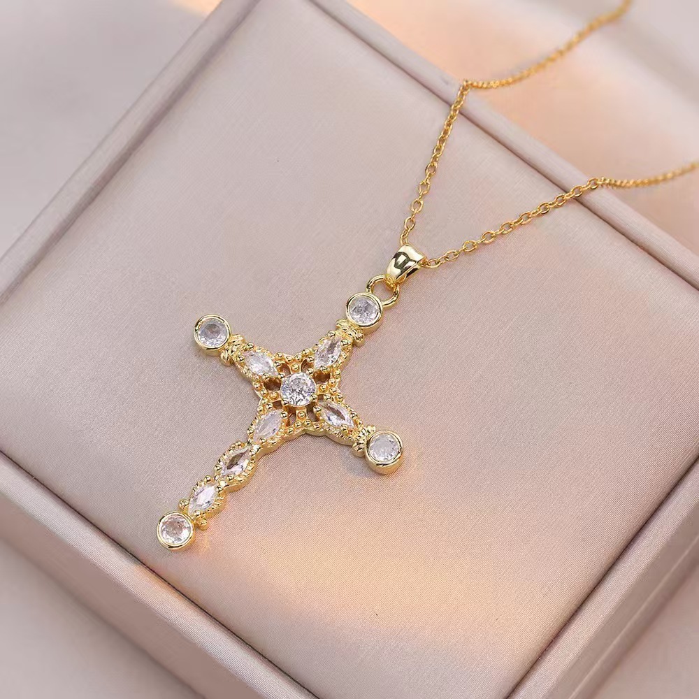 Wholesale Jewelry Shiny Cross Titanium Steel Zircon Inlay Pendant Necklace Cable Chain display picture 26