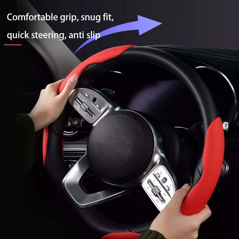 New Cross-Border Perforated Nappa Leather Steering Wheel Cover with Segmented Anti-Slip Carbon Fiber Steering Wheel Clip, Suitable for All Seasons