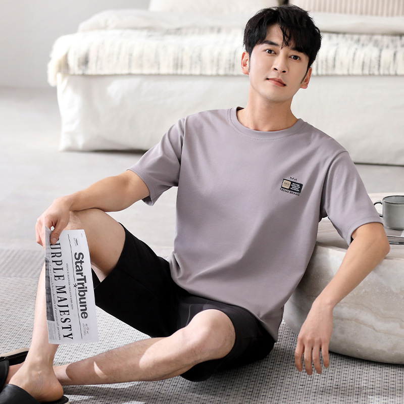 여름 스톨 쿨 코튼 남성용 파자마 부드러운 항균 쿨코튼 간단한 외주 짧은 소매 반바지 홈 의류 세트