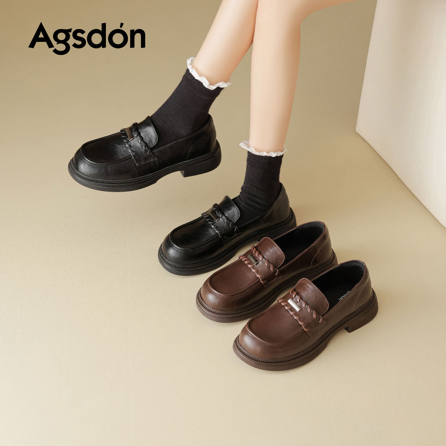 Auge Shi Deng marrón zapatos Lefour de fondo grueso para mujeres 2025 nuevo otoño zapatos de tacón grueso zapatos de cuero gigantescos de aspecto pequeño zapatos de cuero británicos