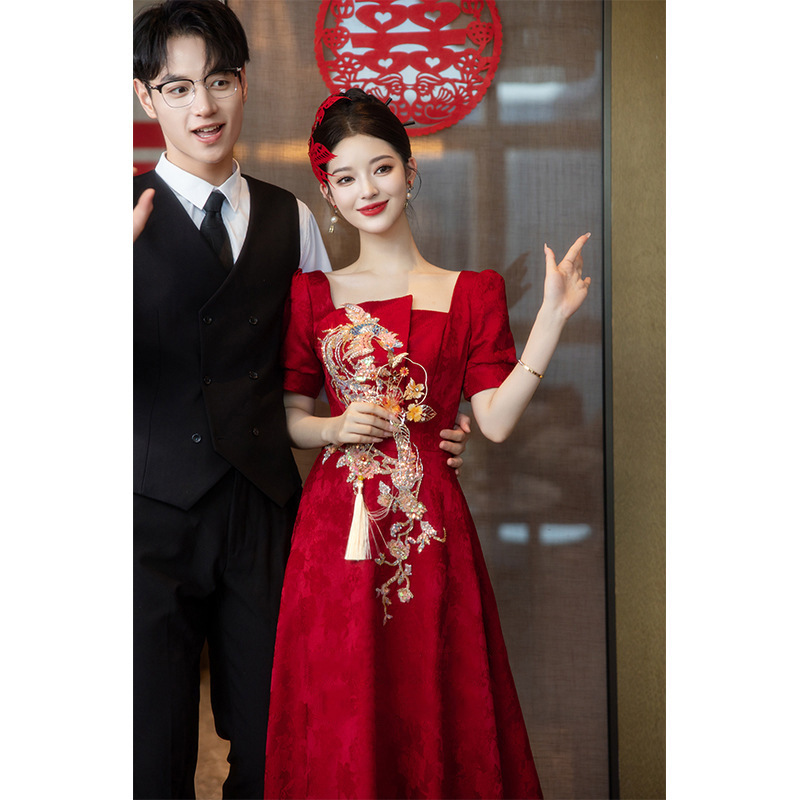 Burgundy Bridal Toast Dress 2026 New Style New Chinese-Style Engagement Evening Gown High-End Wedding Dress for Women