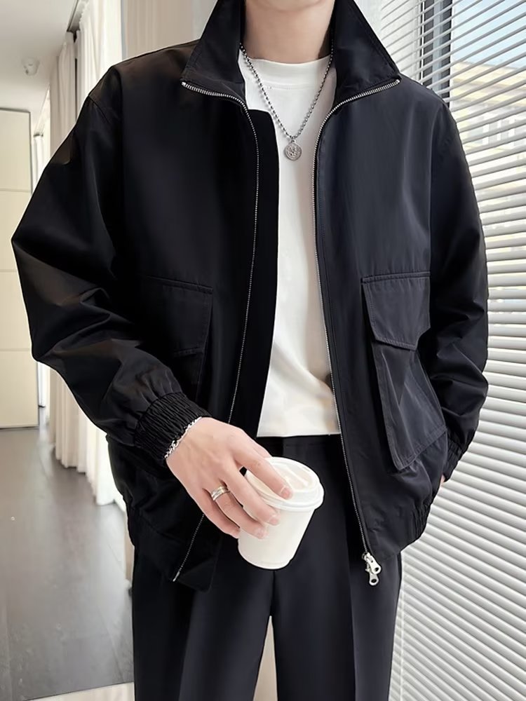 Stand up collar, cool men's spring autumn assault jacket, light mature style, high-end feel, workwear, trendy brand_voghion.com