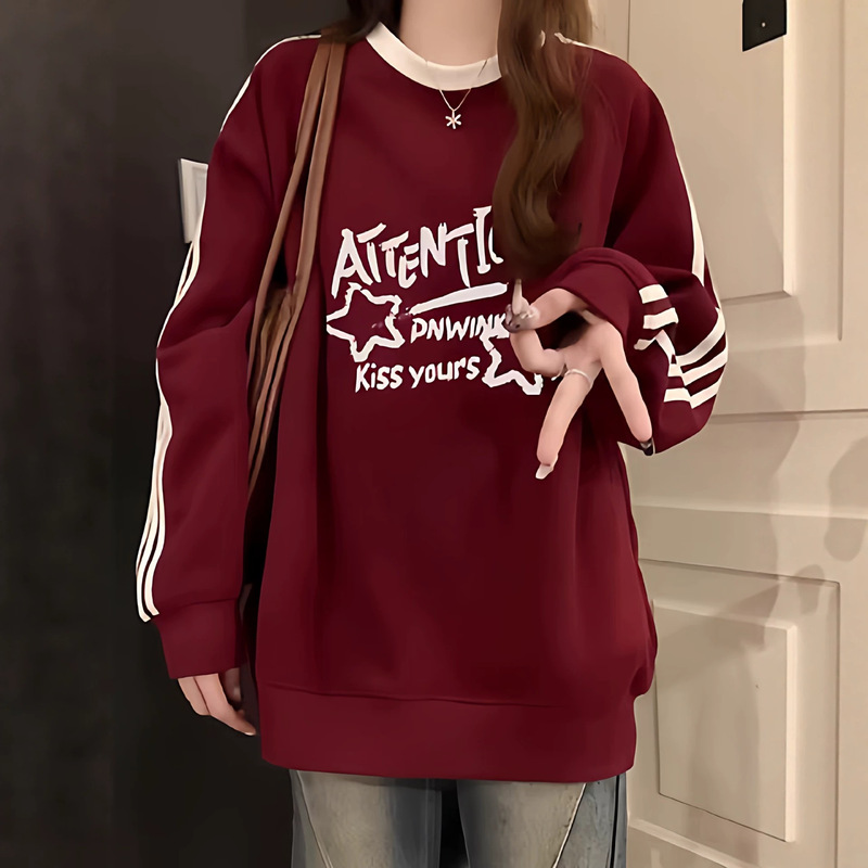 Female student American-style three-stripe crew neck sweatshirt for autumn and winter, loose fit, burgundy, without a hood, for junior high and high school students