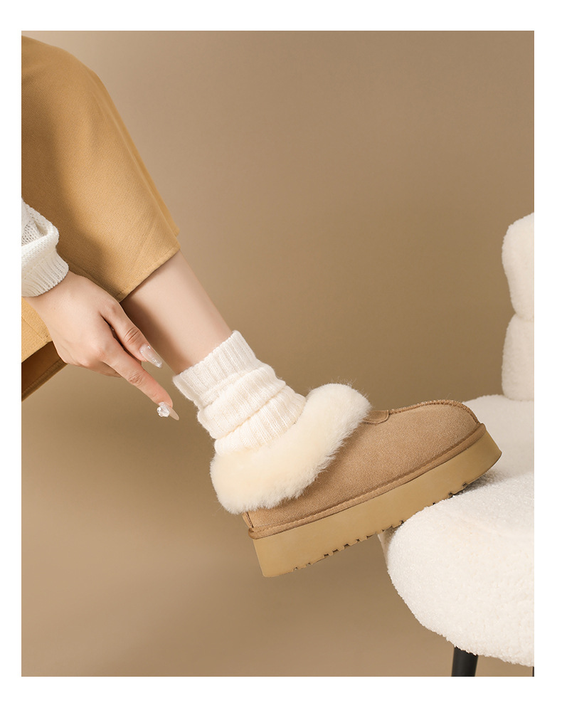 Novos sapatos de algodão quente com sola grossa e lã e botas de cano curto de couro e lã grossa_voghion.com