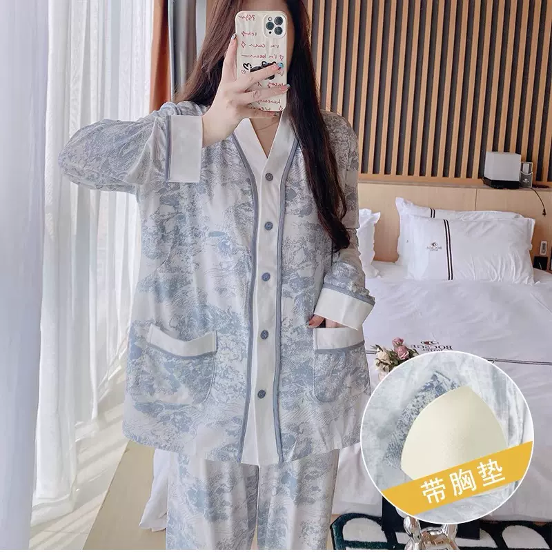 带胸垫月子服纯棉春秋产后孕妇装大码产妇哺乳睡衣家居服喂奶套装