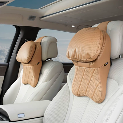 Headrest | Car Pillow Set, Anti-Stain - airline-headrest-pillow-double-layer-stain-resistant-leather-amber-brown-pair