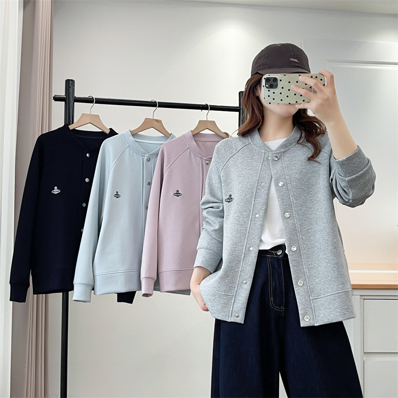 2025 Autumn Plus Size Women's Embroidered Cardigan Jacket for Plus Size, Round Neck Baseball Fashion Casual Jacket 747