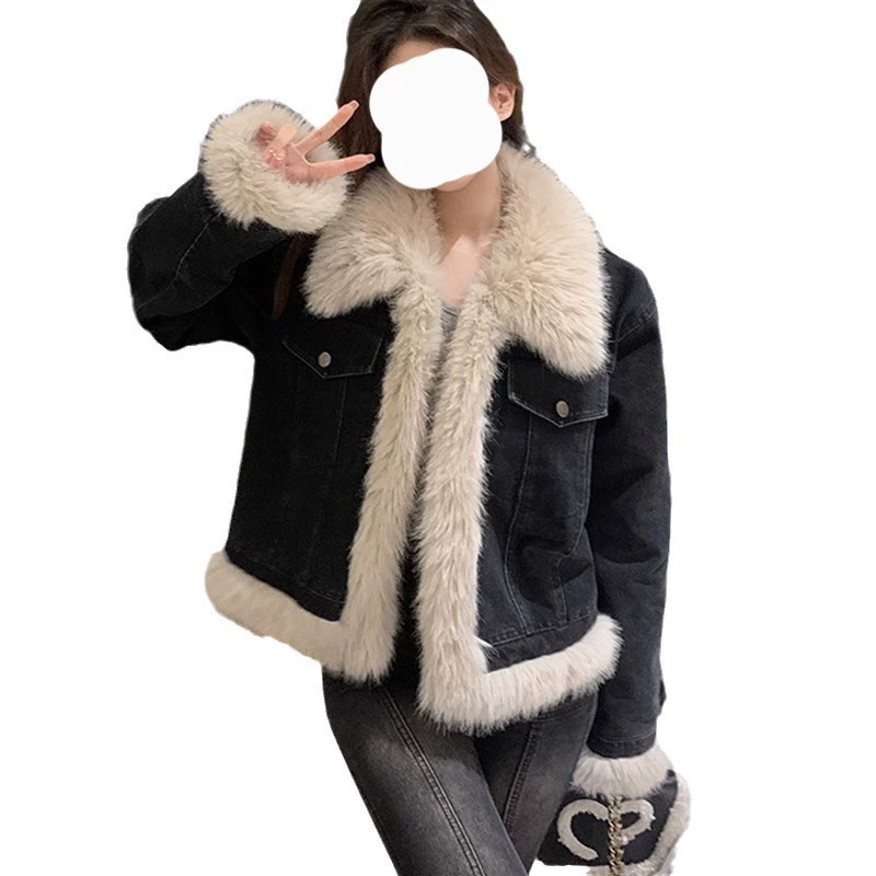Short denim jacket, velvet‑lined demi‑season down, plush fur trim, short fit, S–XL