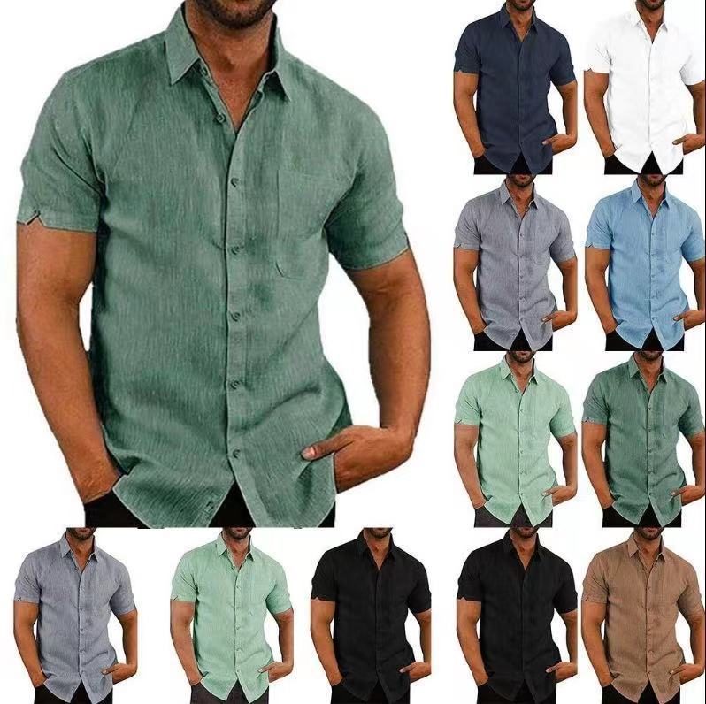 2022 sommer Polo Solide Kurzarm Taste Leinen Hemd männer Kleidung_voghion.com