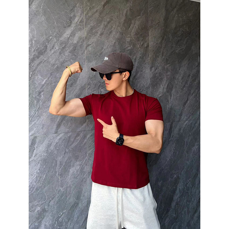 wine red Heavy Cuff Short Sleeve Men's Summer Slim-fit Muscle Show Pure T-shirt American Fitness Sports Half Sleeve