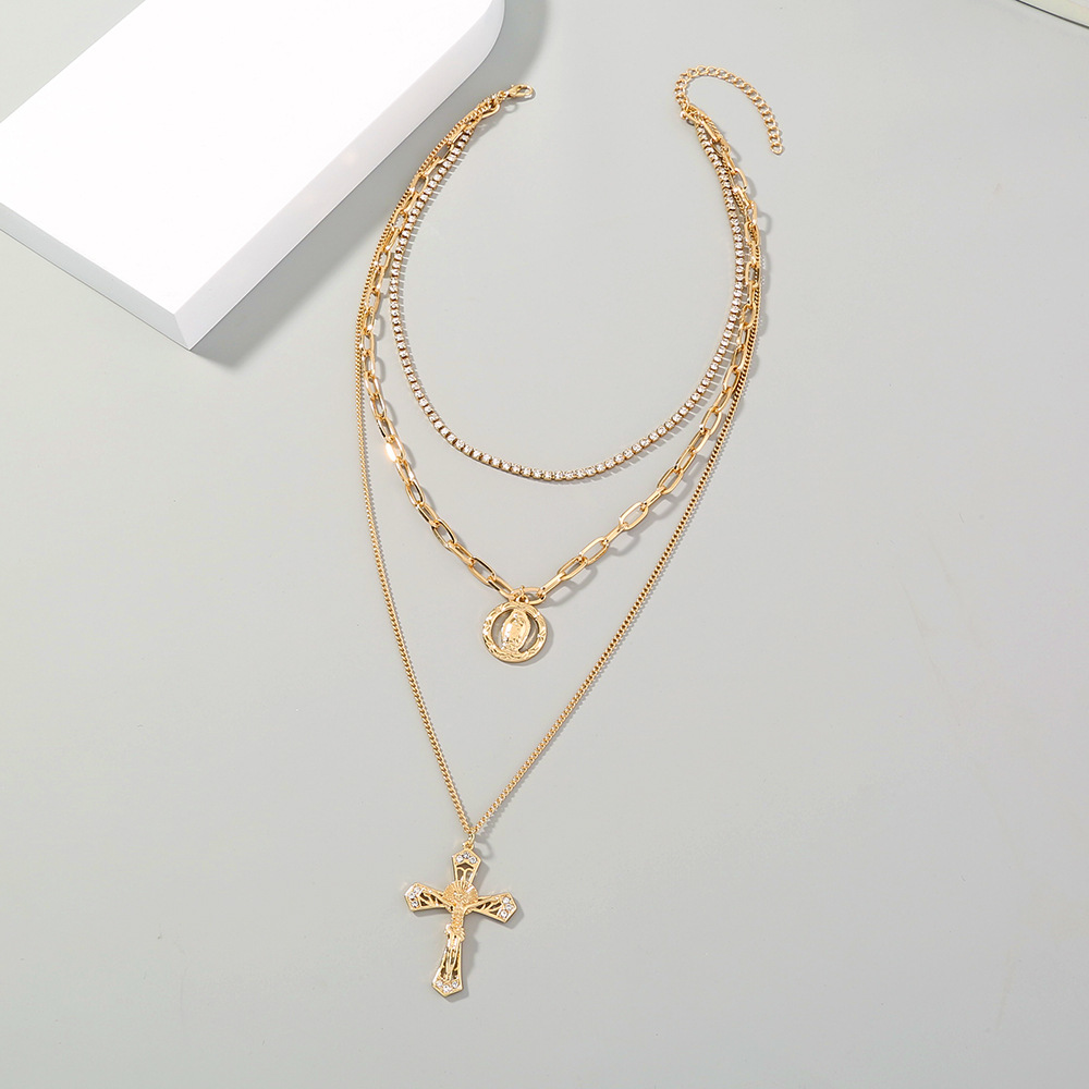 Multi-layered Retro Claw Chain Diamond Cross Portrait Pendent Alloy Necklace display picture 2