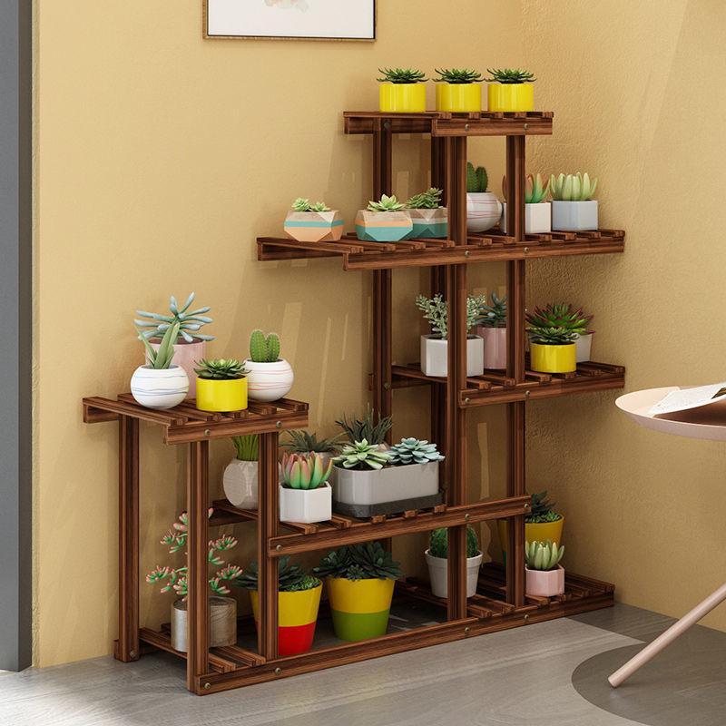 Balcón Estante de flores de madera maciza Estante de macetas de sala de estar interior de pie Estante de suculentas carbonizado de ensamblaje multicapa Fábrica