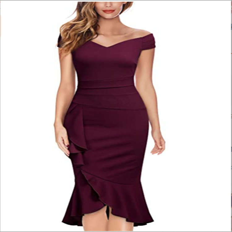 2022 New Women's Open-shoulder V-neck Ruffled Waist Evening Cocktail Slit Dress 2022 New Women's Open-shoulder V-neck Ruffled Waist Evening Cocktail Slit Dress