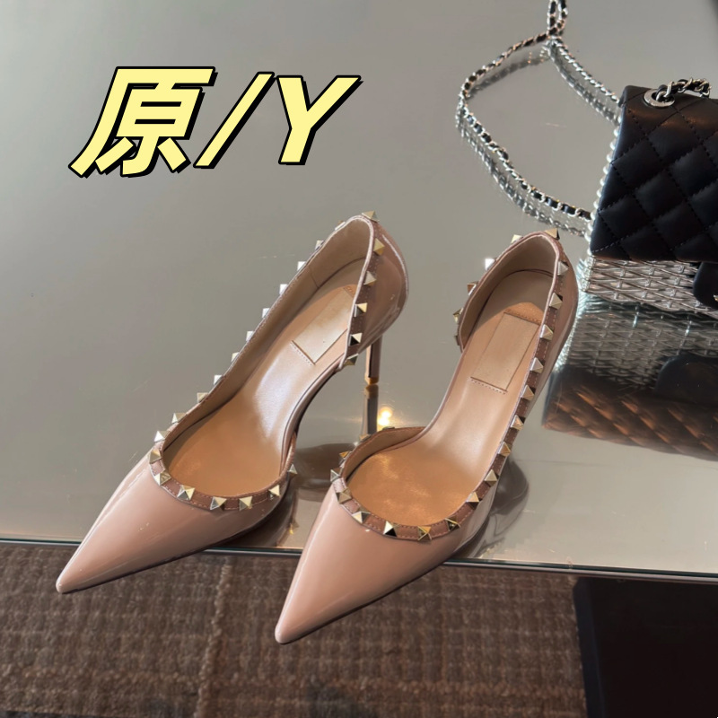 High Version New V Brand Studded High Heels with Thin Pointed Toe, Sexy Side Cutout, Ultra-Fine Leather French Style Shallow Mouth Single Shoes for Women