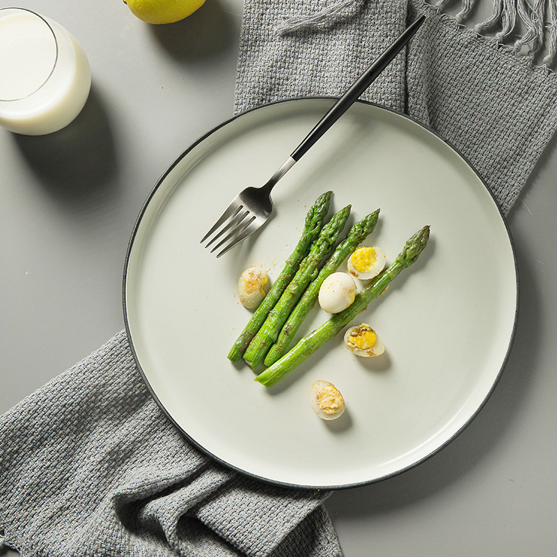 Japanese Retro Western-Style Ceramic Plate, Pasta Plate with Black Rim, Household Flat Plate, Western-Style Dessert Plate, Round Plate