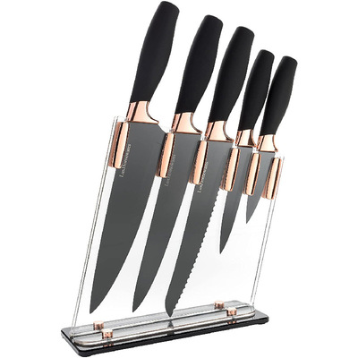 亚马孙玫瑰金不沾刀 亚克力刀座喷塑防滑柄套刀5件不沾厨房刀具套|ru