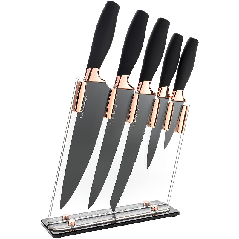 亚马孙玫瑰金不沾刀 亚克力刀座喷塑防滑柄套刀5件不沾厨房刀具套|ru